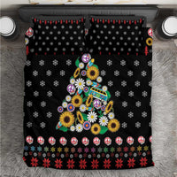 Black Christmas bedding set with peace signs, flowers, trees, and snowflake patterns.