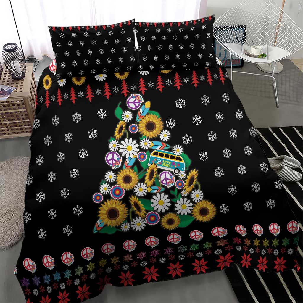 Black Christmas bedding with peace signs, colorful flower tree and repeating snowflake motifs.
