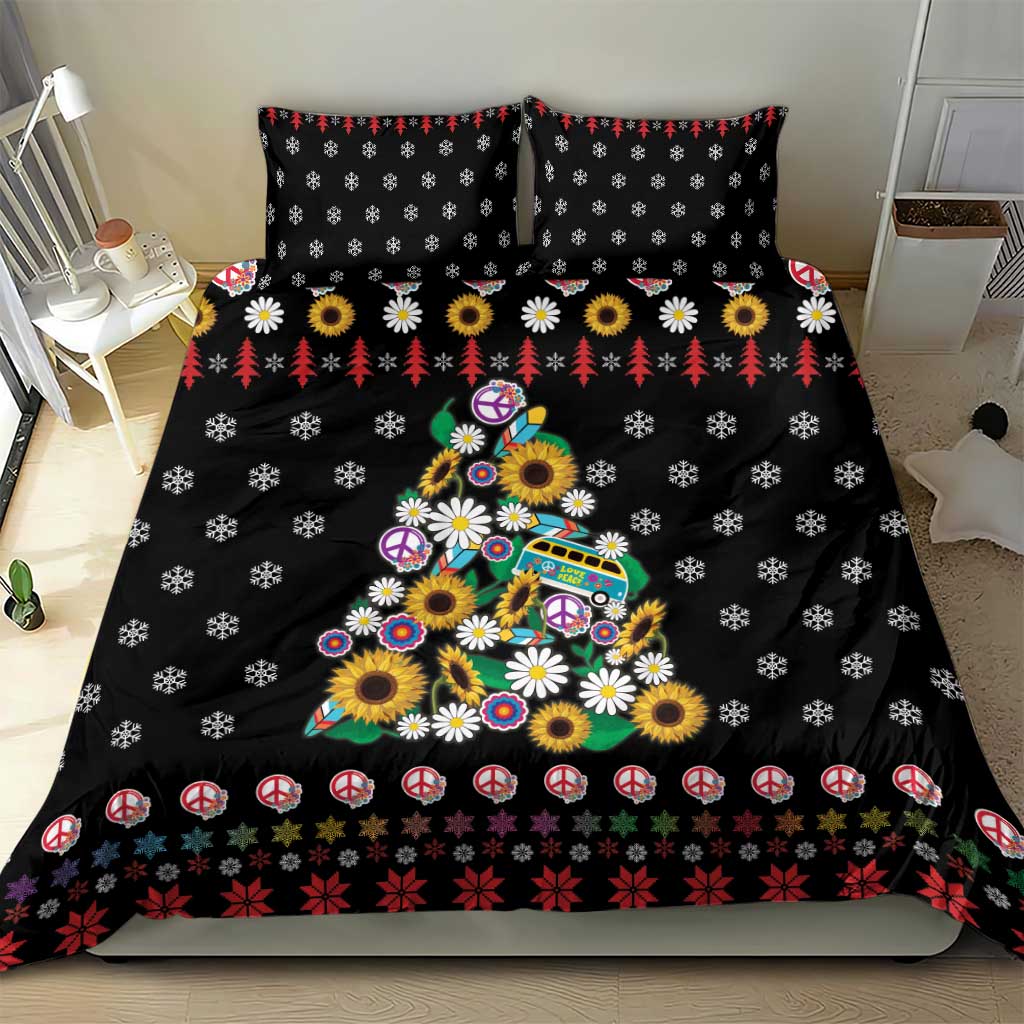 Black duvet cover with peace symbol Christmas tree, flowers, and red/green snowflake borders.