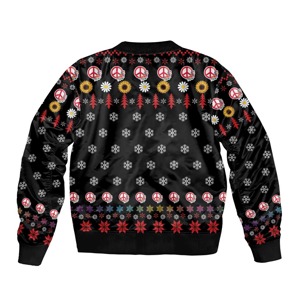 Black bomber jacket back print with peace signs, ornaments, and winter trees
