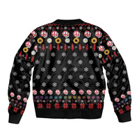 Black bomber jacket back print with peace signs, ornaments, and winter trees
