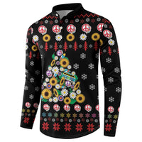 Black long-sleeve button sweatshirt with peace symbols, flowers, and red pine trees graphic