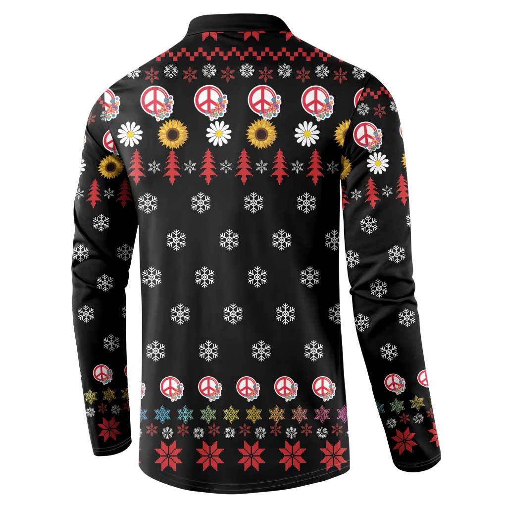 Black long-sleeve button sweatshirt back with peace symbols, snowflakes, and holiday motifs