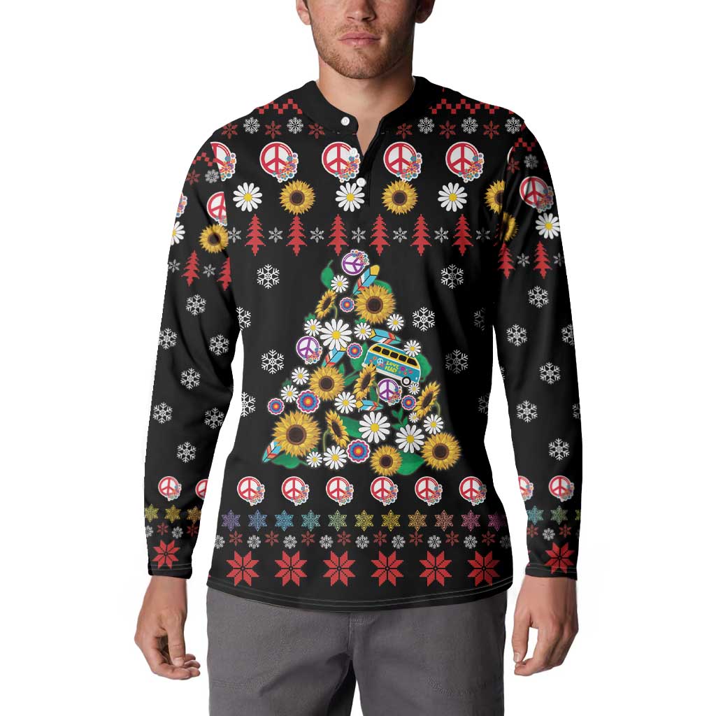 Black long-sleeve button sweatshirt with colorful peace-sign flower and holiday tree design