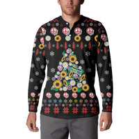 Black long-sleeve button sweatshirt with colorful peace-sign flower and holiday tree design