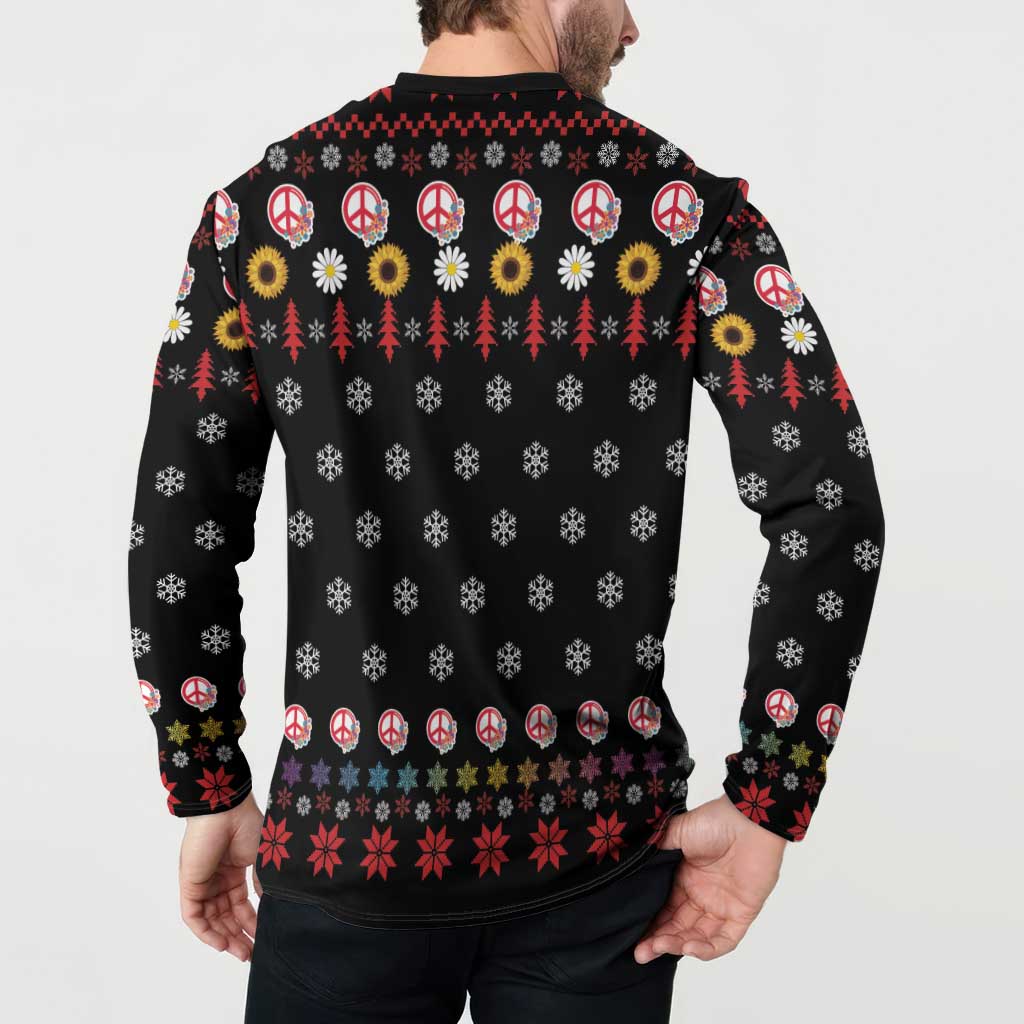 Black long-sleeve button sweatshirt back with peace symbols, snowflakes, and pine tree motifs