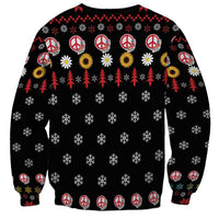 Unisex black Christmas sweatshirt with peace signs, daisies, sunflowers, and tree pattern