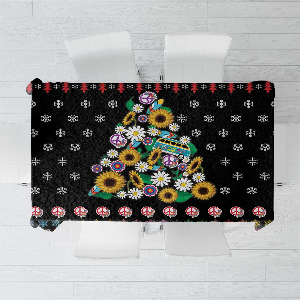 Black Christmas tablecloth with colorful peace symbols, flowers, and holiday motifs