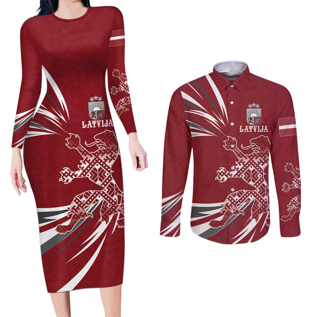 Latvia Couples Matching Long Sleeve Bodycon Dress and Long Sleeve Button Shirt Latvian Lion Traditional Pattern