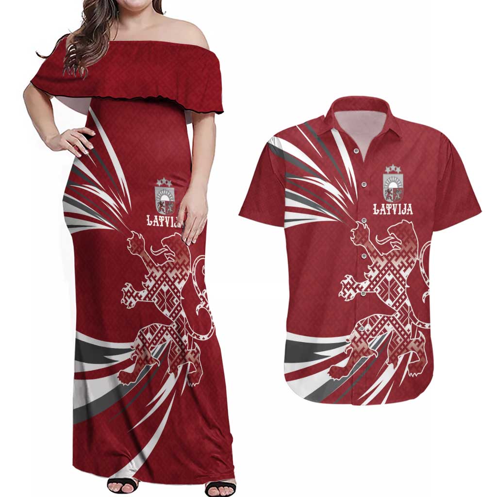 Latvia Couples Matching Off Shoulder Maxi Dress and Hawaiian Shirt Latvian Lion Traditional Pattern