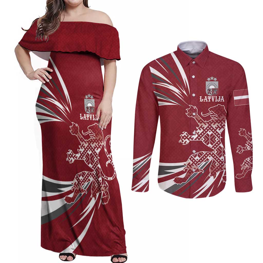 Latvia Couples Matching Off Shoulder Maxi Dress and Long Sleeve Button Shirt Latvian Lion Traditional Pattern