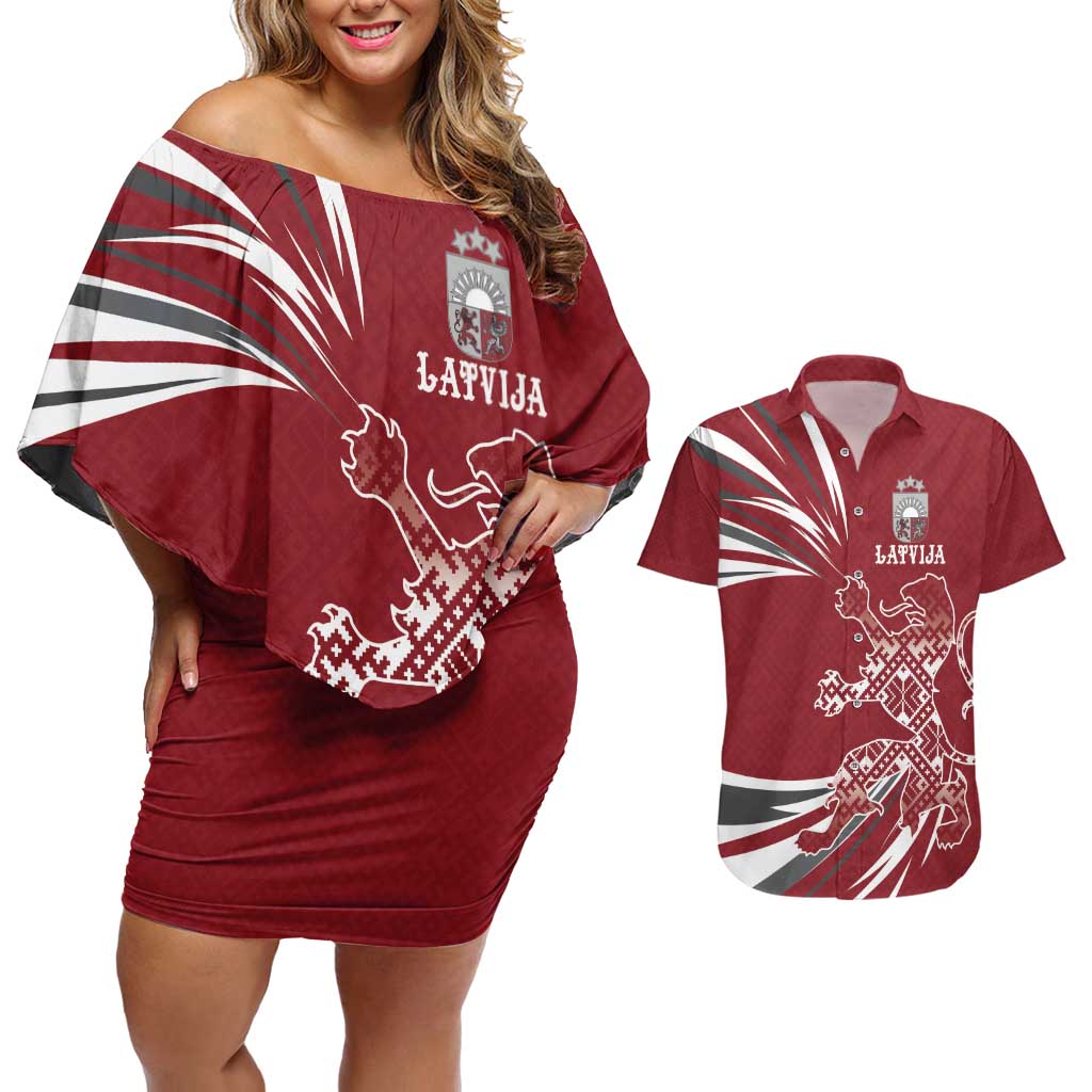 Latvia Couples Matching Off Shoulder Short Dress and Hawaiian Shirt Latvian Lion Traditional Pattern