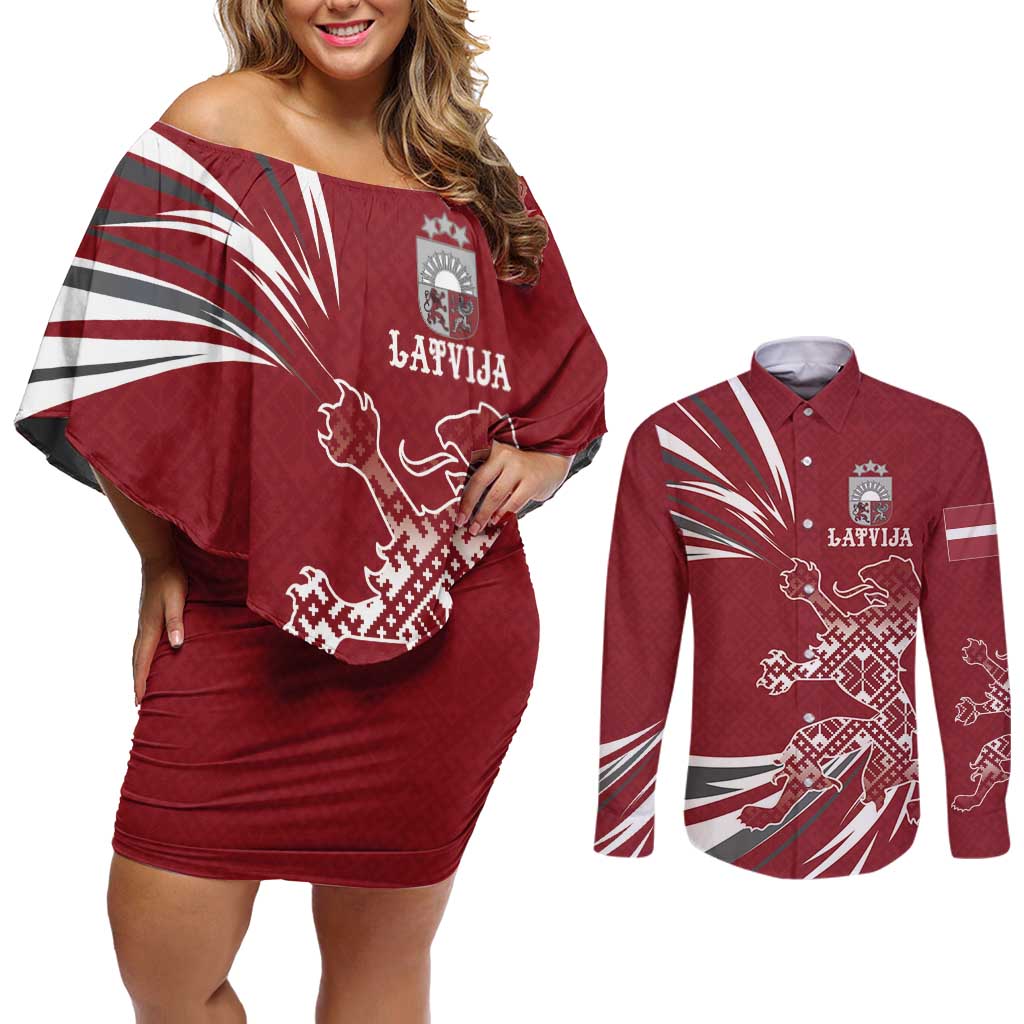 Latvia Couples Matching Off Shoulder Short Dress and Long Sleeve Button Shirt Latvian Lion Traditional Pattern