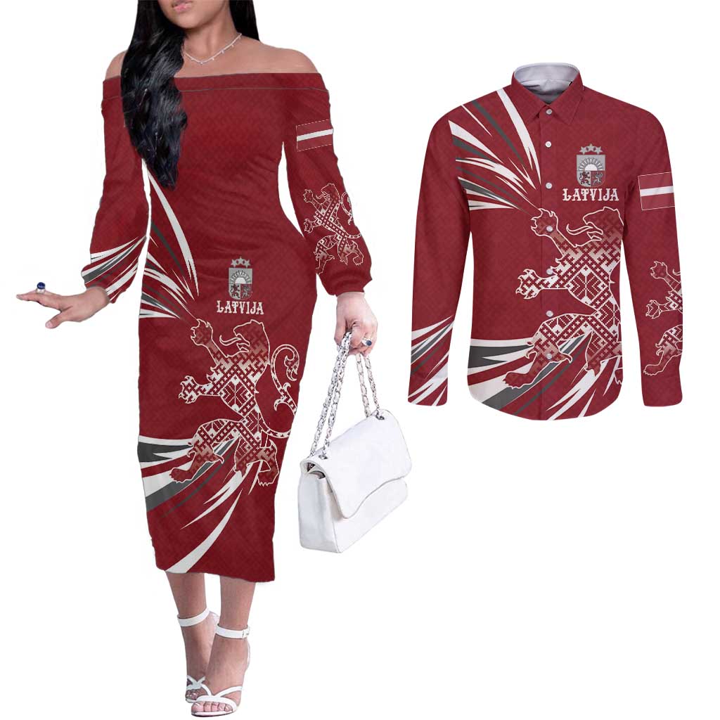 Latvia Couples Matching Off The Shoulder Long Sleeve Dress and Long Sleeve Button Shirt Latvian Lion Traditional Pattern