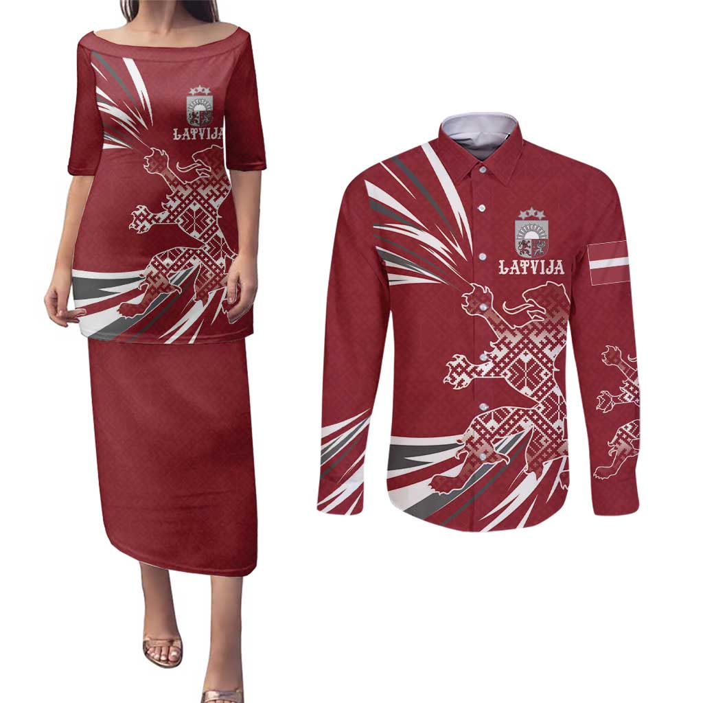 Latvia Couples Matching Puletasi and Long Sleeve Button Shirt Latvian Lion Traditional Pattern