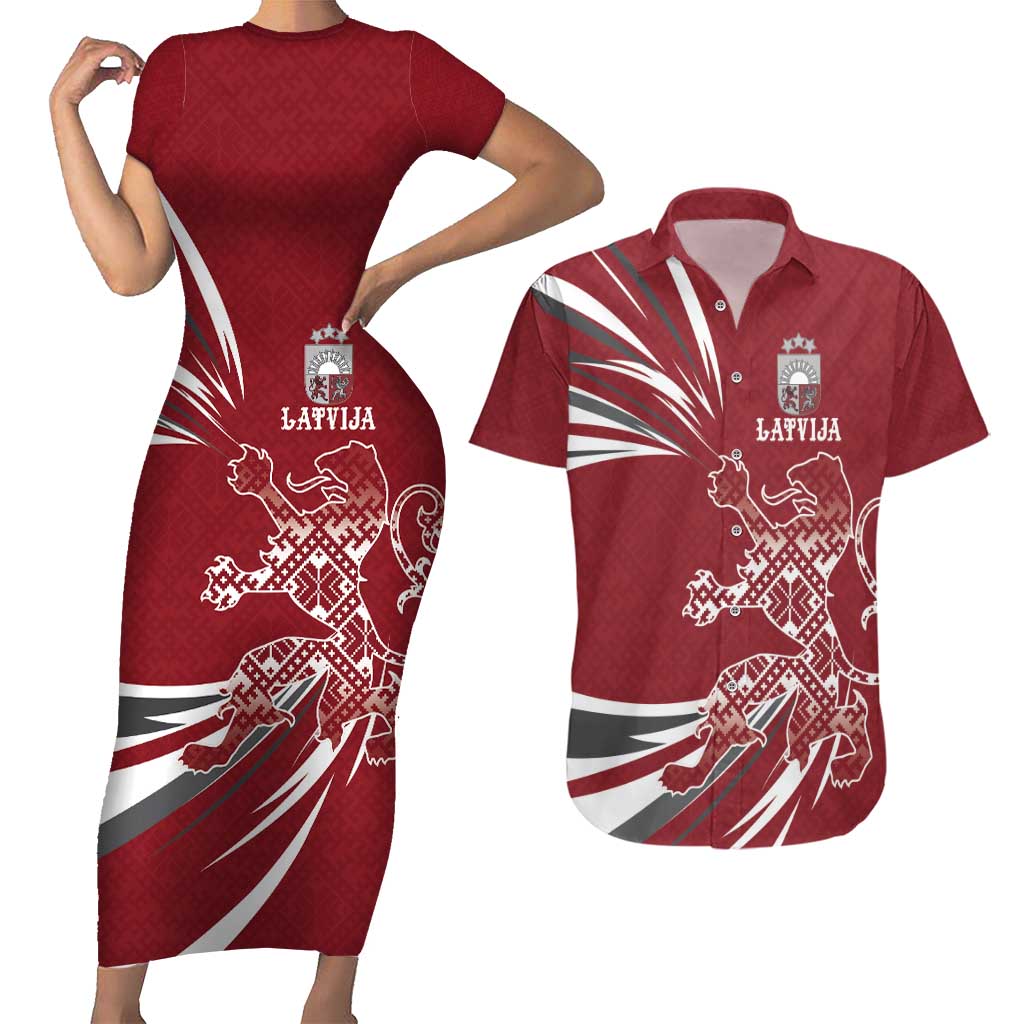 Latvia Couples Matching Short Sleeve Bodycon Dress and Hawaiian Shirt Latvian Lion Traditional Pattern