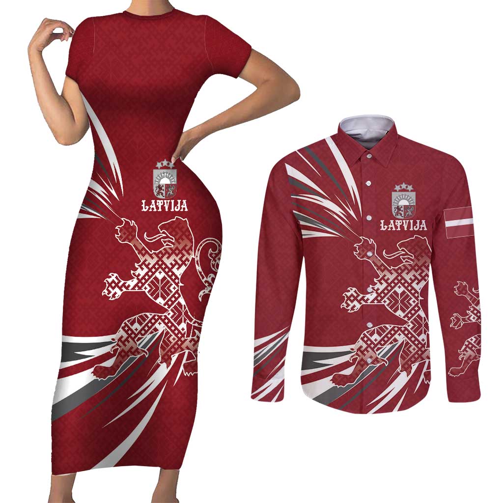 Latvia Couples Matching Short Sleeve Bodycon Dress and Long Sleeve Button Shirt Latvian Lion Traditional Pattern