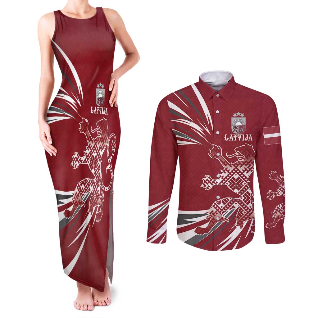 Latvia Couples Matching Tank Maxi Dress and Long Sleeve Button Shirt Latvian Lion Traditional Pattern