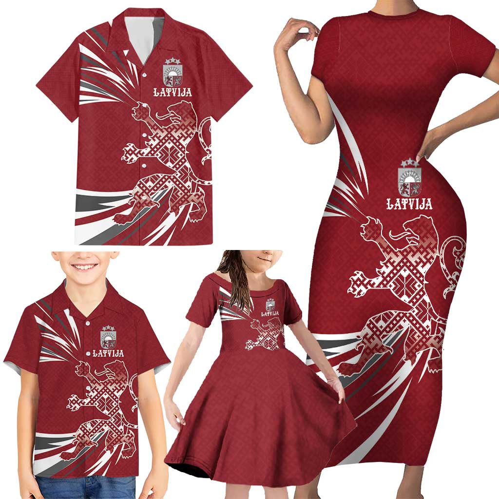 Latvia Family Matching Short Sleeve Bodycon Dress and Hawaiian Shirt Latvian Lion Traditional Pattern