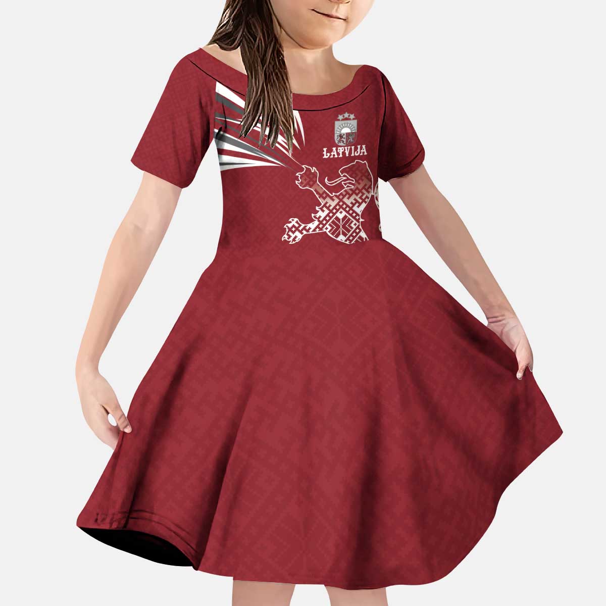 Latvia Kid Short Sleeve Dress Latvian Lion Traditional Pattern