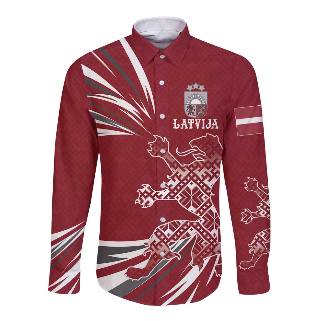 Latvia Long Sleeve Button Shirt Latvian Lion Traditional Pattern