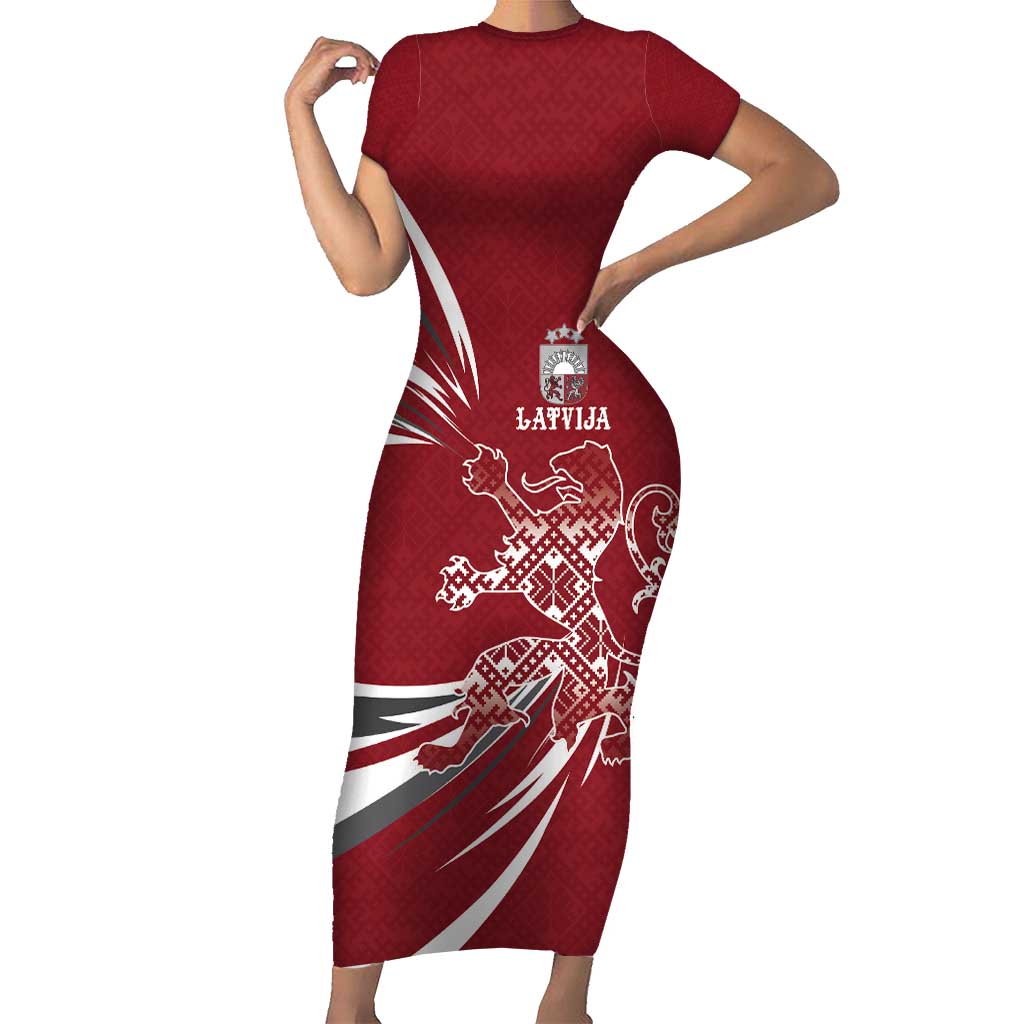 Latvia Short Sleeve Bodycon Dress Latvian Lion Traditional Pattern