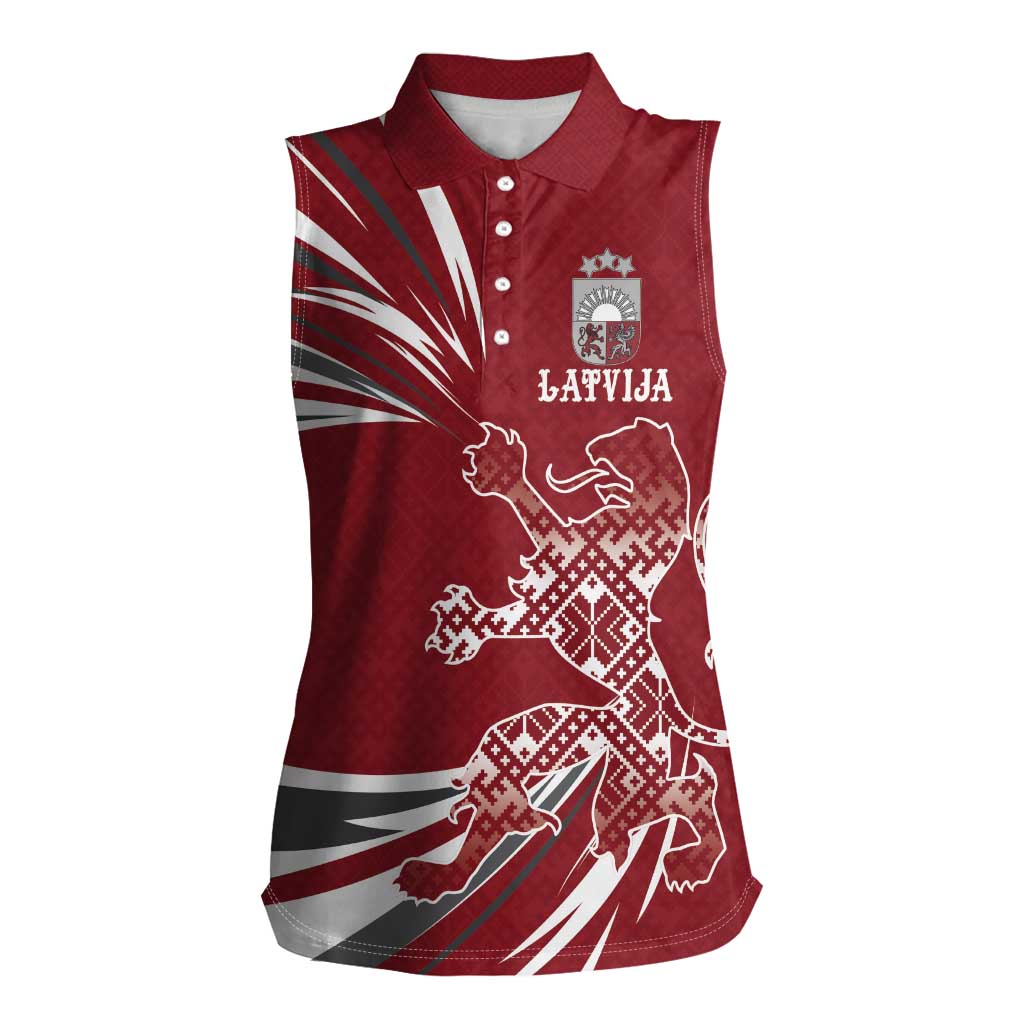 Latvia Women Sleeveless Polo Shirt Latvian Lion Traditional Pattern