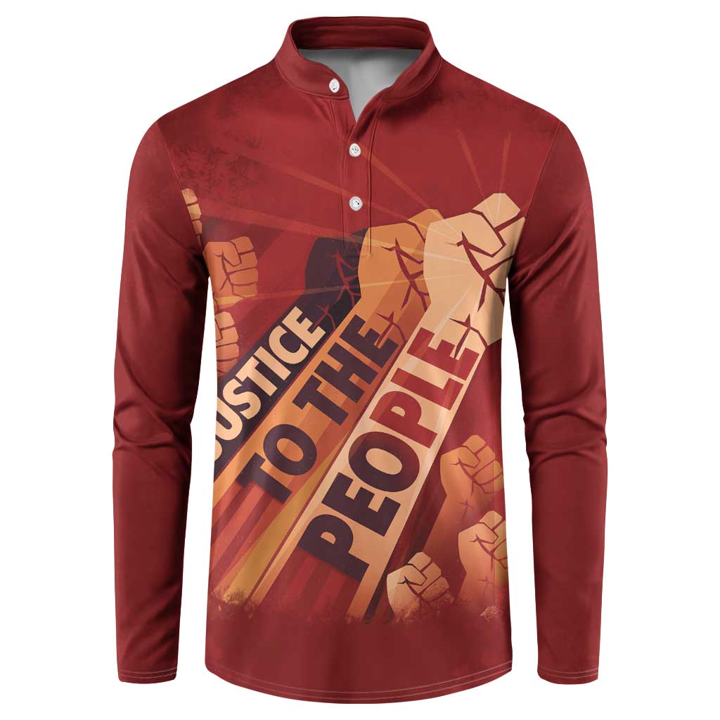 Red button-front sweatshirt with large Justice to the People graphic and raised fist icon.