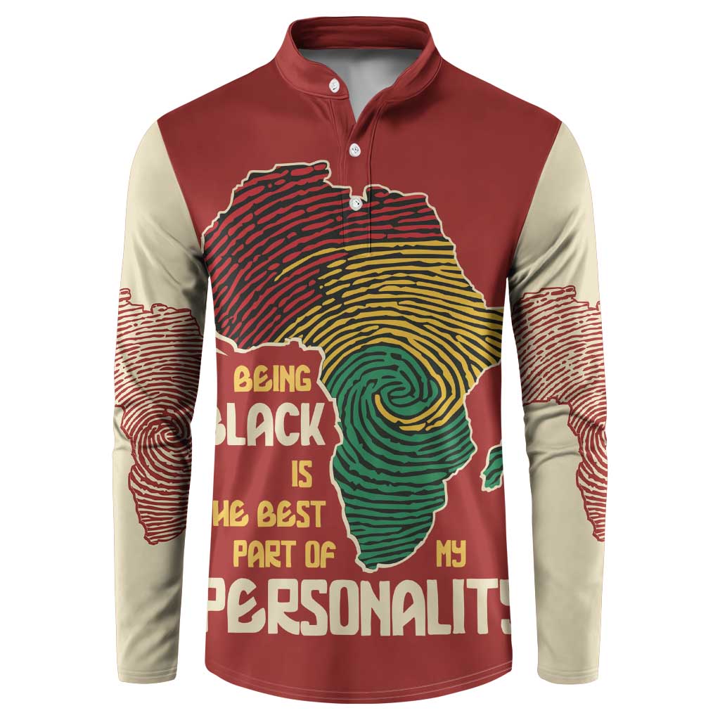 Red long-sleeve button sweatshirt with beige sleeves and African map fingerprint graphic