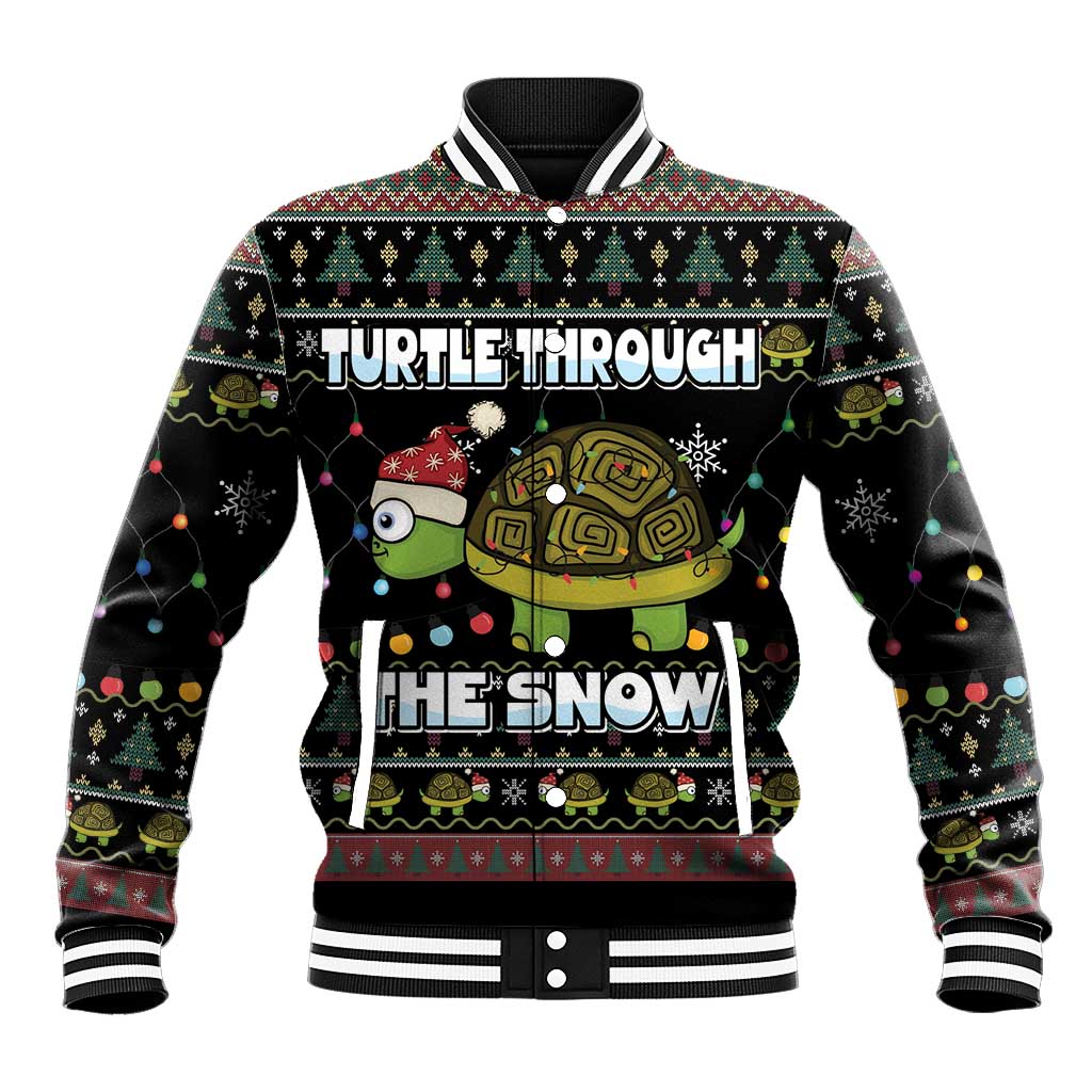 Unisex black baseball jacket with colorful turtle-and-snow holiday graphic