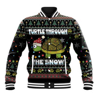 Unisex black baseball jacket with colorful turtle-and-snow holiday graphic