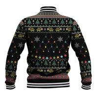 Unisex black baseball jacket, back view, colorful turtle snow lights holiday print