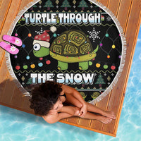 Round beach blanket (150 cm), black turtle “The Snow” graphic with festive lights, fringe