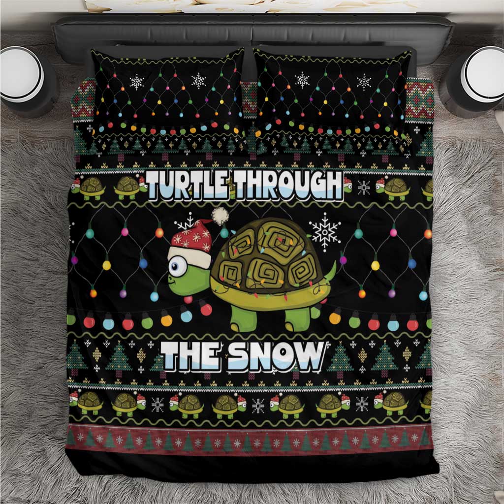 Black Christmas bedding set with turtle “The Snow” graphic and multicolor string lights