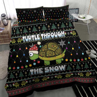 Black Christmas bedding with turtle graphic, snowflakes, and “THE SNOW” centered text