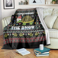 Black holiday throw blanket with cartoon turtle and snowflake lights print