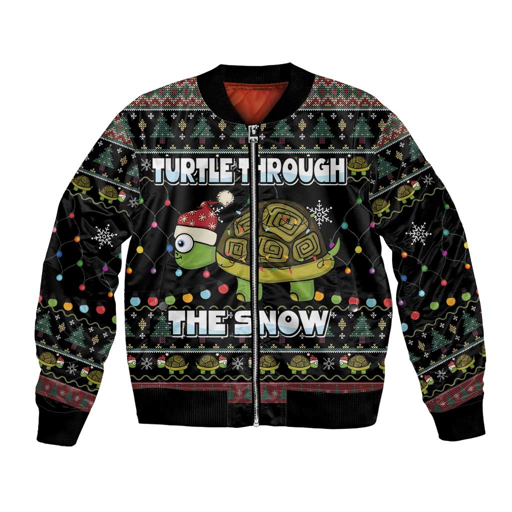 Unisex black bomber jacket with festive turtle graphic, full-zip front and ribbed trim