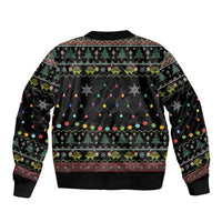 Unisex black bomber jacket, festive back pattern with snowflakes and string lights
