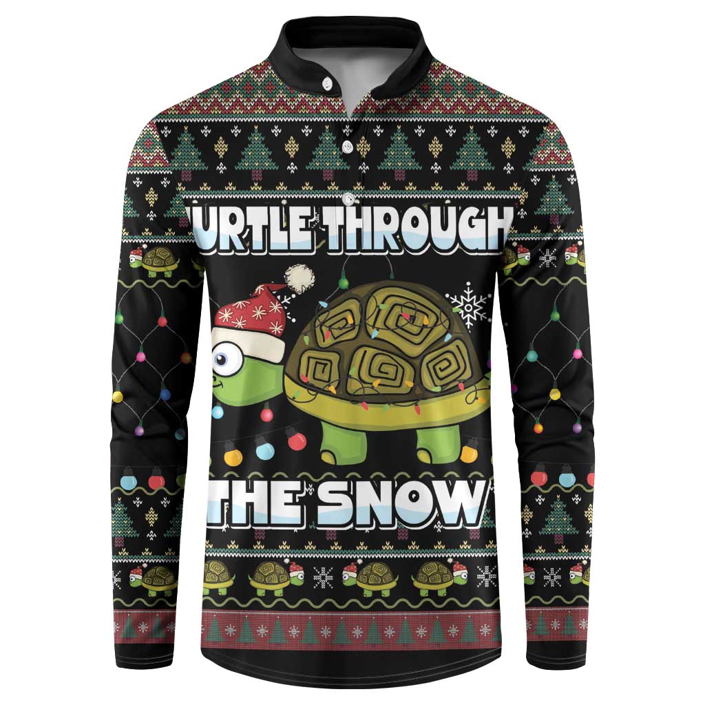 Black button sweatshirt with colorful turtle and snow holiday graphic, long sleeves