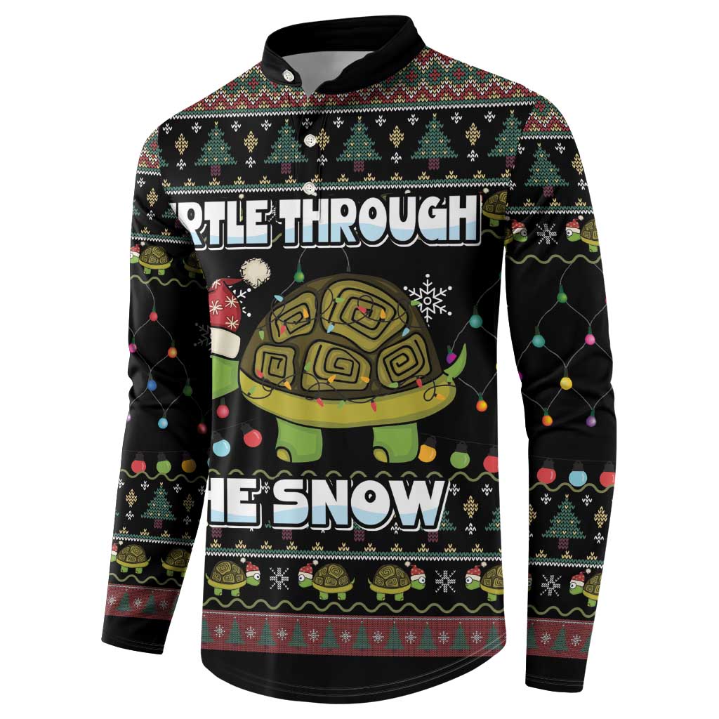Black button sweatshirt, front turtle graphic with snow text and holiday patterns, long sleeves