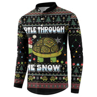 Black button sweatshirt, front turtle graphic with snow text and holiday patterns, long sleeves