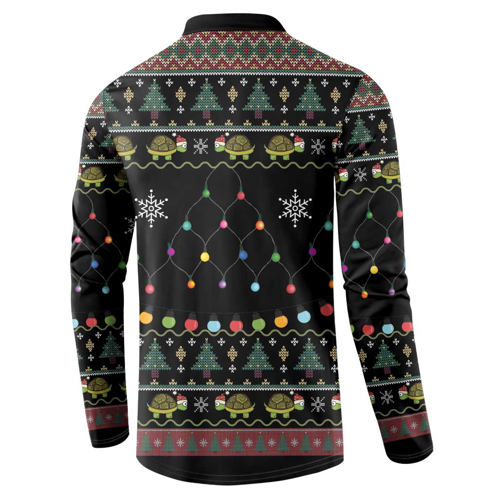 Black button sweatshirt back with colorful string lights, turtle pattern and festive border