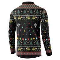 Black button sweatshirt back with colorful string lights, turtle pattern and festive border