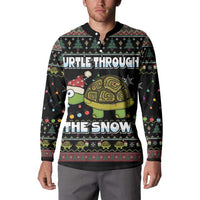 Men's black button sweatshirt with turtle snow graphic, long sleeves, button placket