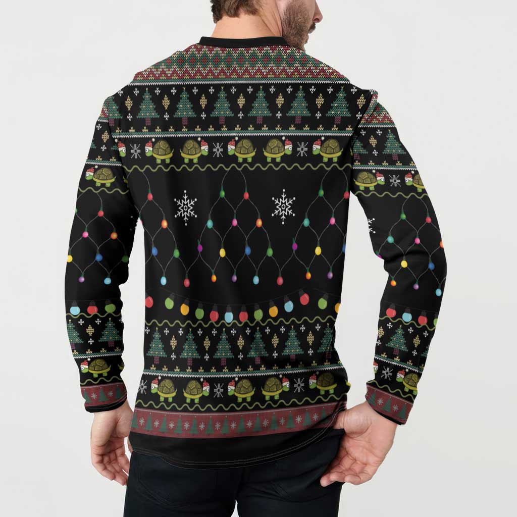 Black button sweatshirt back view on model, string lights and holiday turtle border, long sleeves
