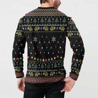 Black button sweatshirt back view on model, string lights and holiday turtle border, long sleeves