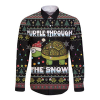 Black long-sleeve button shirt with festive turtle-and-snow graphic, multicolor trim