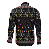 Black long-sleeve button shirt, back view with turtle, snowflakes, and light-bulb pattern