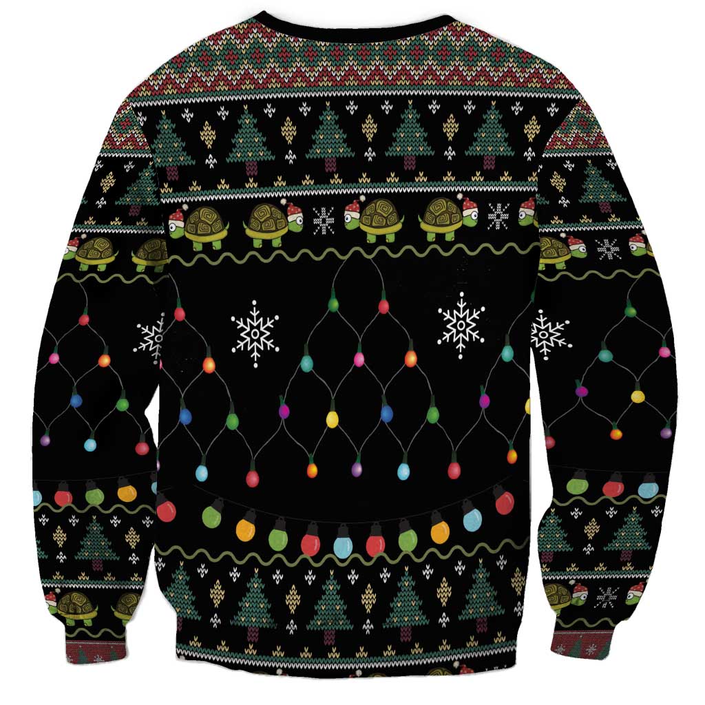 Black Christmas sweatshirt with multicolor lights and holiday motif pattern, back view