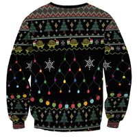 Black Christmas sweatshirt with multicolor lights and holiday motif pattern, back view